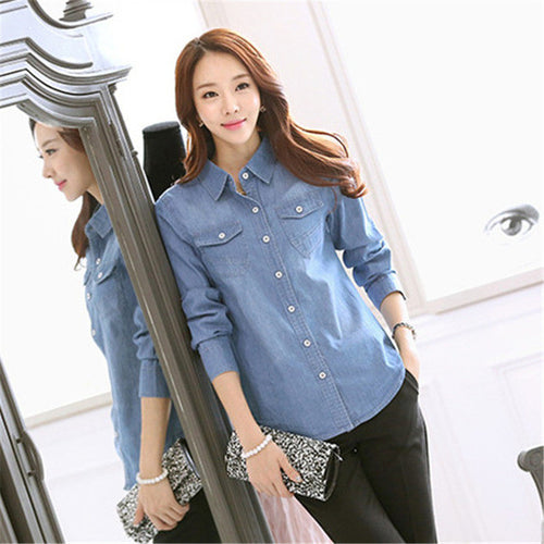 Autumn New Shirt Fashion Casual Female Long Sleeve Turn-down Collar Women Shirt Denim Blouse With Button 71709 SM6