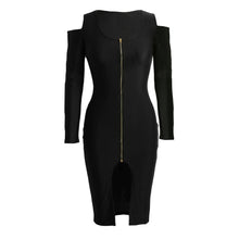 Off The Shoulder Women Bodycon Dress Front Zip Opening Long Sleeve Fancy Party Dress Club Wear BlackRoyal BlueRed SM6