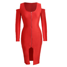Off The Shoulder Women Bodycon Dress Front Zip Opening Long Sleeve Fancy Party Dress Club Wear BlackRoyal BlueRed SM6