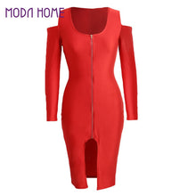 Off The Shoulder Women Bodycon Dress Front Zip Opening Long Sleeve Fancy Party Dress Club Wear BlackRoyal BlueRed SM6