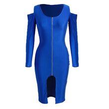 Off The Shoulder Women Bodycon Dress Front Zip Opening Long Sleeve Fancy Party Dress Club Wear BlackRoyal BlueRed SM6