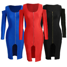 Off The Shoulder Women Bodycon Dress Front Zip Opening Long Sleeve Fancy Party Dress Club Wear BlackRoyal BlueRed SM6