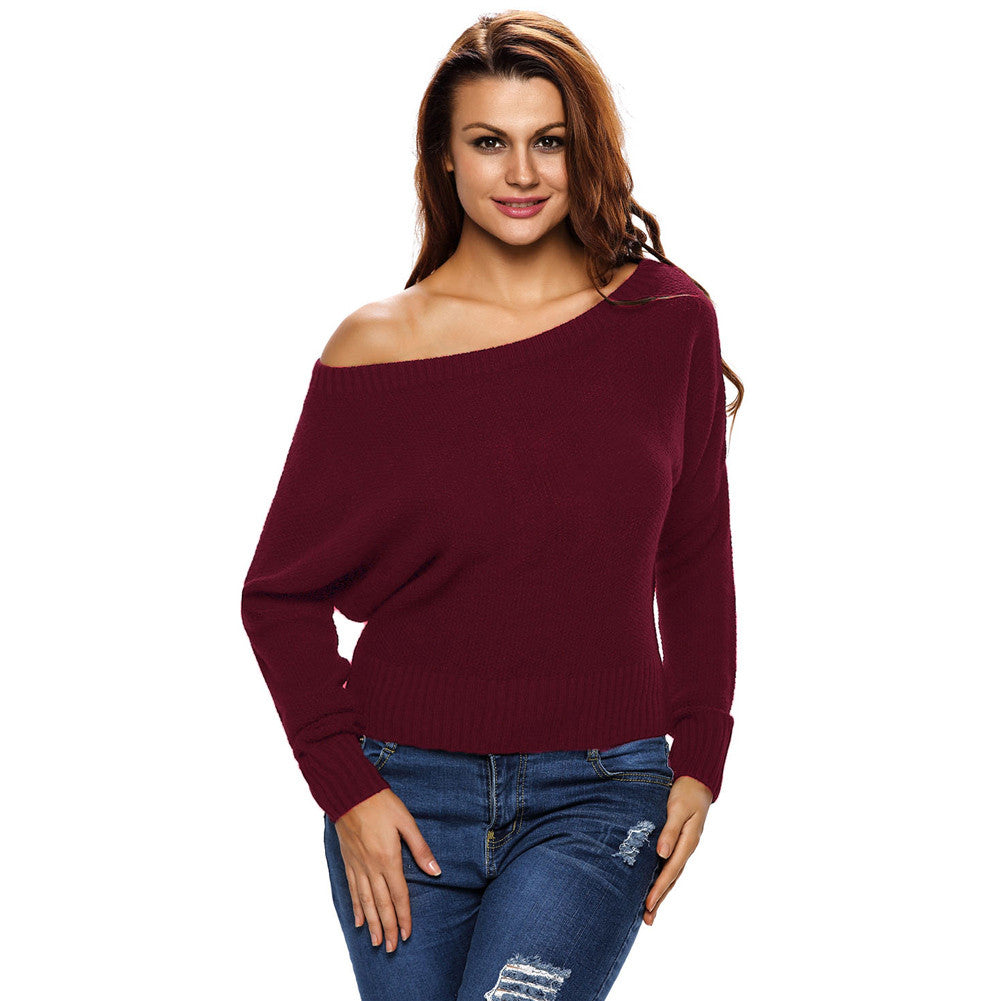 Sexy Women Sweaters And Pullovers Off The Shoulder Loose Knit Pull Slash Neck Long Sleeve Casual Jumper Top SM6