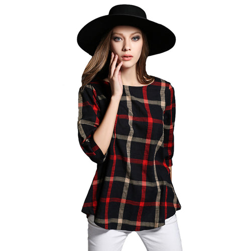 Blouses Women Long Pullover Ladies Plaid Print O Neck Casual Shirt Loose Tops Vintage Blusas Plus Size SM6