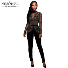Top Rhinestone Inlay Black Mesh Long Sleeve Bodycon Jumpsuit Long Pants Backless Sexy Jumpsuit SM6