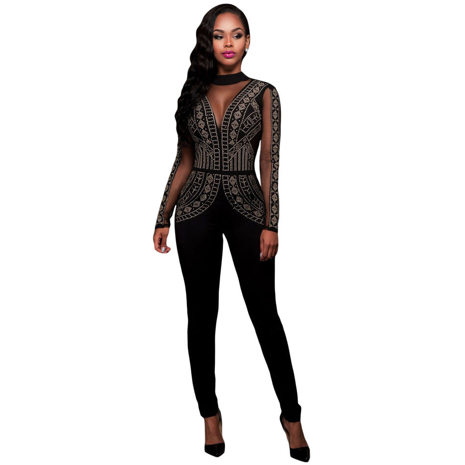 Top Rhinestone Inlay Black Mesh Long Sleeve Bodycon Jumpsuit Long Pants Backless Sexy Jumpsuit SM6