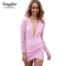 Back Zipper  Sexy Mini Dresses Tight Deep V Neck Lace Long Sleeve Dress Party Night Club Short Long Sleeve Sexy Dress SM6