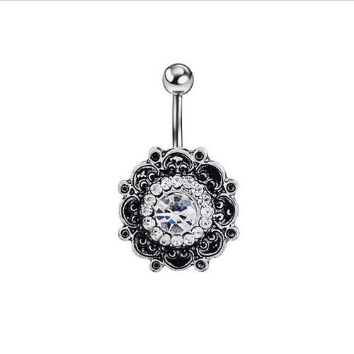Black Crystal Flower Belly Button Navel Ring Bar Body Piercing Belly Button Rings Dangle SM6