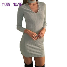 Bodycon Women Long Sleeve Casual Dress Club Sexy Mini Halterneck Dress Deep V-Neck Gray Black Dress Vestidos SM6