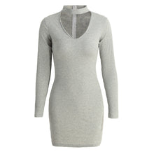 Bodycon Women Long Sleeve Casual Dress Club Sexy Mini Halterneck Dress Deep V-Neck Gray Black Dress Vestidos SM6