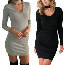 Bodycon Women Long Sleeve Casual Dress Club Sexy Mini Halterneck Dress Deep V-Neck Gray Black Dress Vestidos SM6