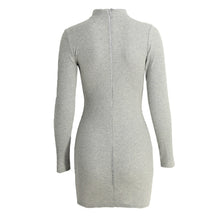 Bodycon Women Long Sleeve Casual Dress Club Sexy Mini Halterneck Dress Deep V-Neck Gray Black Dress Vestidos SM6