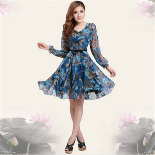 Bohemian Womens V-neck Chiffon Pleated Floral Gown Prom Chiffon Dresses Y4 SM6