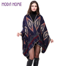 Bohemian Women Warm Ponchos And Capes Geometric Pattern Contrast Color Pashmina Shawl Boho Cape Dark Blue SM6