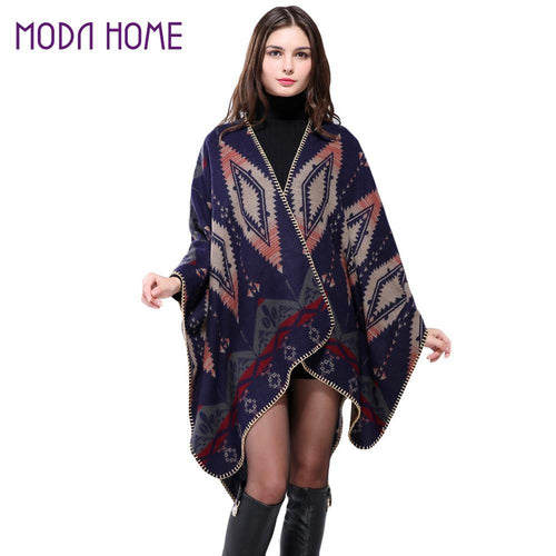 Bohemian Women Warm Ponchos And Capes Geometric Pattern Contrast Color Pashmina Shawl Boho Cape Dark Blue SM6