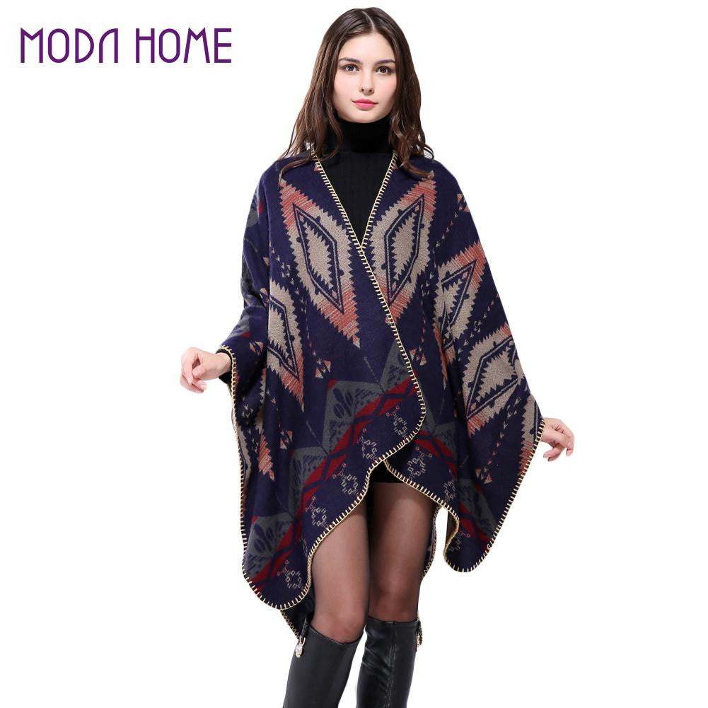 Bohemian Women Warm Ponchos And Capes Geometric Pattern Contrast Color Pashmina Shawl Boho Cape Dark Blue SM6
