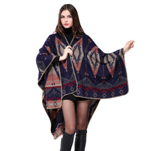 Bohemian Women Warm Ponchos And Capes Geometric Pattern Contrast Color Pashmina Shawl Boho Cape Dark Blue SM6