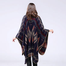 Bohemian Women Warm Ponchos And Capes Geometric Pattern Contrast Color Pashmina Shawl Boho Cape Dark Blue SM6