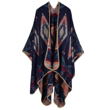 Bohemian Women Warm Ponchos And Capes Geometric Pattern Contrast Color Pashmina Shawl Boho Cape Dark Blue SM6