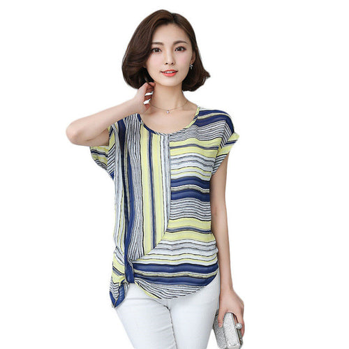 Brand New Women T shirts Stripped T-shirt Women O-neck Top Short Sleeve Chiffon S-2XL Female tops 71097 SM6
