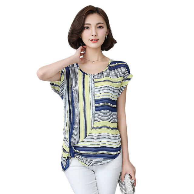 Brand New Women T shirts Stripped T-shirt Women O-neck Top Short Sleeve Chiffon S-2XL Female tops 71097 SM6