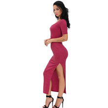 Burgundy Knitted T Shirt Dress Pencil Long Dress Elegant Casual Leg Split Half Sleeve Long  Maxi Dress SM6