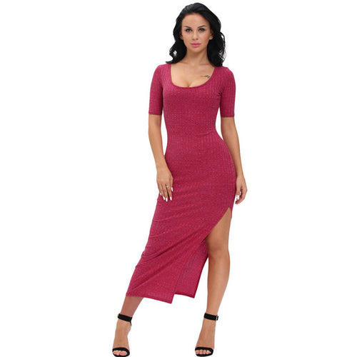 Burgundy Knitted T Shirt Dress Pencil Long Dress Elegant Casual Leg Split Half Sleeve Long  Maxi Dress SM6