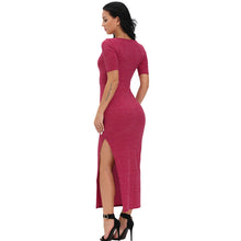 Burgundy Knitted T Shirt Dress Pencil Long Dress Elegant Casual Leg Split Half Sleeve Long  Maxi Dress SM6