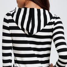 Casual Girls Black White Striped Hooded Dress Zipper Front Long Sleeve V Neck Cotton Mini Dress Vestidos Robe Plus Size XXL SM6