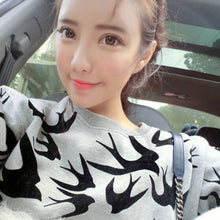 Casual Women Swallow Printing O Neck Long Sleeve Loose Sweatshirt Pullovers Tops Clothes SM6