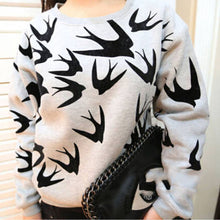 Casual Women Swallow Printing O Neck Long Sleeve Loose Sweatshirt Pullovers Tops Clothes SM6