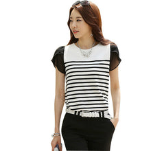Casual Women T shirts O-neck Chiffon Tshirt Female Short Sleeve Female O-neck Stripped Patchwork Tops 70779 SM6