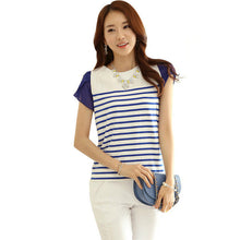 Casual Women T shirts O-neck Chiffon Tshirt Female Short Sleeve Female O-neck Stripped Patchwork Tops 70779 SM6