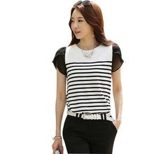 Casual Women T shirts O-neck Chiffon Tshirt Female Short Sleeve Female O-neck Stripped Patchwork Tops 70779 SM6