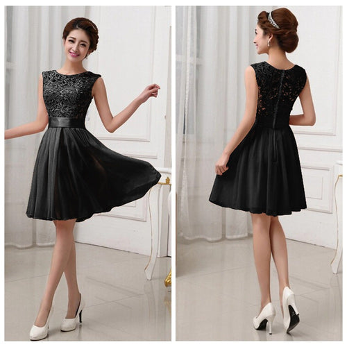 Chiffon  Style Dress Black Lace Formal Dress Sleeveless Knee Length Party Dresses Elegant  Back Zipper SM6