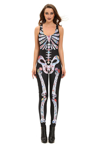 Colourful Hu Skeleton Skull Print Halloween Costumes For Sexy Jumpsuit Bodycon Sleeveless Costume Halloween Wo SM6
