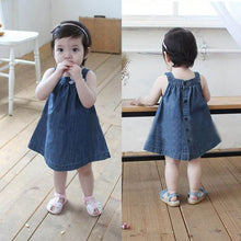 Cute Blue Solid Bow Cowboy Dress Children Kids Girls Strap Jean Denim Knee-Length Dresses LE2 SM6
