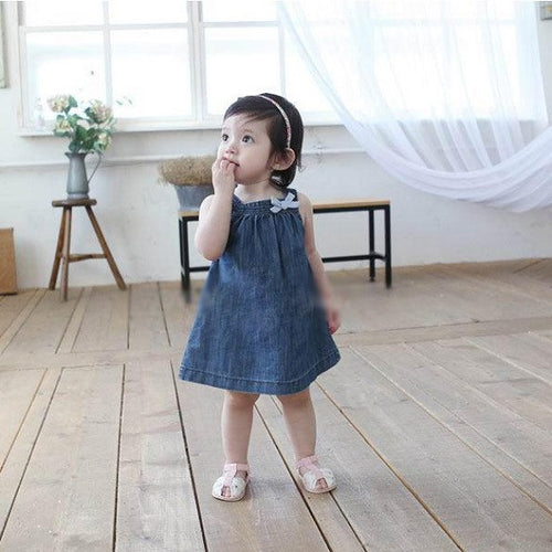 Cute Blue Solid Bow Cowboy Dress Children Kids Girls Strap Jean Denim Knee-Length Dresses LE2 SM6