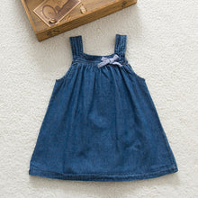 Cute Blue Solid Bow Cowboy Dress Children Kids Girls Strap Jean Denim Knee-Length Dresses LE2 SM6