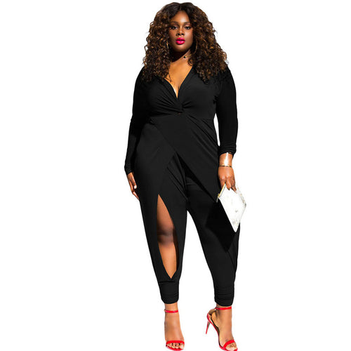 Deep V Neck Plus Size Rompers  Jumpsuit Sexy Hollow Out Long Sleeve Plus Size Elegant Jumpsuit Long Pants XXL XXXL SM6