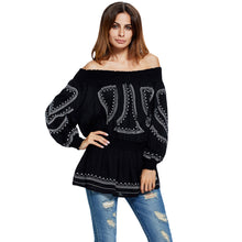 Elegant Women Off Shoulder Blouses Top Embroidery Elastic Waist Pleated Slash Neck Long Sexy Top Black Blusas De Renda SM6