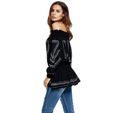 Elegant Women Off Shoulder Blouses Top Embroidery Elastic Waist Pleated Slash Neck Long Sexy Top Black Blusas De Renda SM6