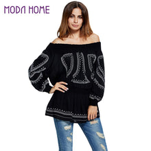 Elegant Women Off Shoulder Blouses Top Embroidery Elastic Waist Pleated Slash Neck Long Sexy Top Black Blusas De Renda SM6