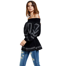 Elegant Women Off Shoulder Blouses Top Embroidery Elastic Waist Pleated Slash Neck Long Sexy Top Black Blusas De Renda SM6