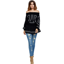 Elegant Women Off Shoulder Blouses Top Embroidery Elastic Waist Pleated Slash Neck Long Sexy Top Black Blusas De Renda SM6