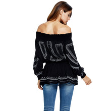 Elegant Women Off Shoulder Blouses Top Embroidery Elastic Waist Pleated Slash Neck Long Sexy Top Black Blusas De Renda SM6