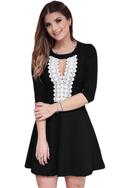 European Half Long Sleeve Autum Dress Black Hollow Out Crochet Lace Skater Dress Cute Sexy Mini Dress SM6