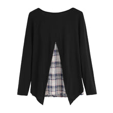 Kpop Women Faux Two-Piece T Shirt Plaid V Cutout Splicing Round Neck Tee Shirts Long Sleeve Top Black Ropa Mujer SM6