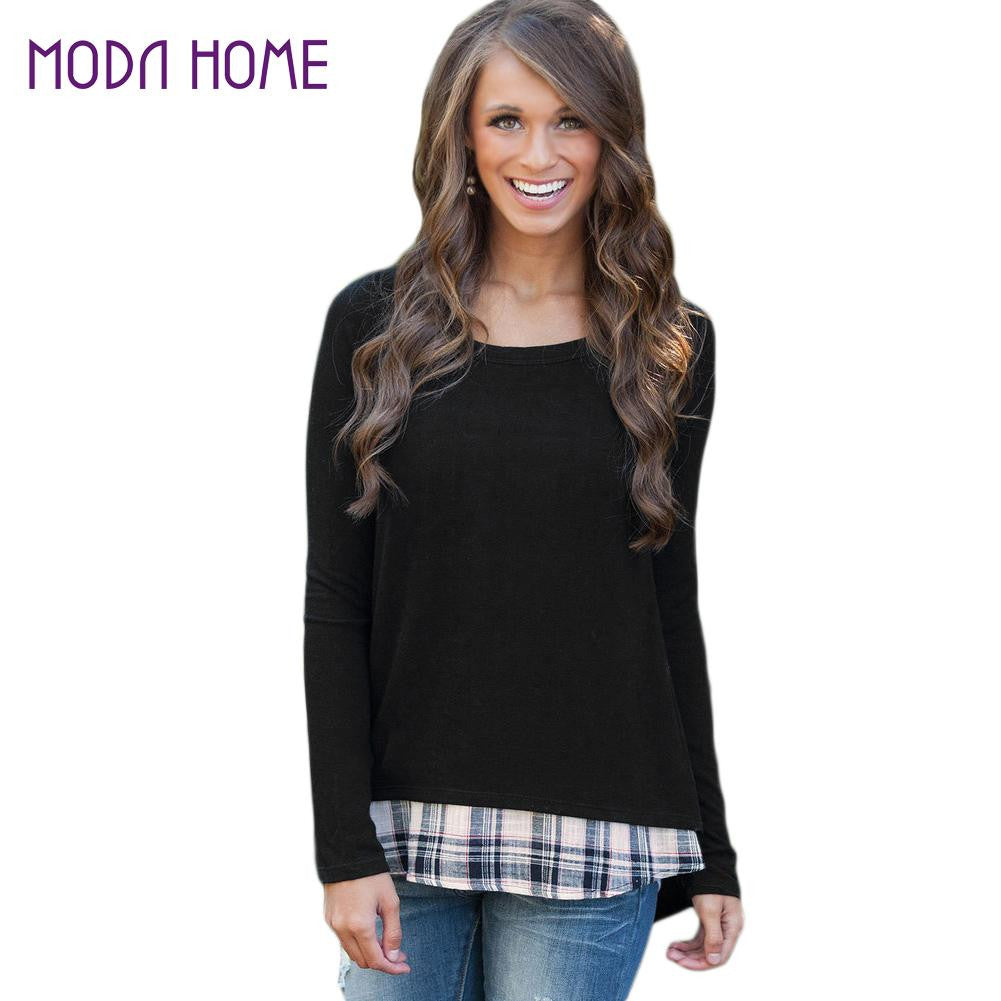 Kpop Women Faux Two-Piece T Shirt Plaid V Cutout Splicing Round Neck Tee Shirts Long Sleeve Top Black Ropa Mujer SM6