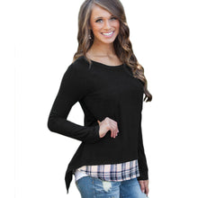 Kpop Women Faux Two-Piece T Shirt Plaid V Cutout Splicing Round Neck Tee Shirts Long Sleeve Top Black Ropa Mujer SM6